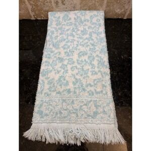 Vintage Cannon Teal Blue White Retro MCM Floral Bath Towel W/ Fringe Soft